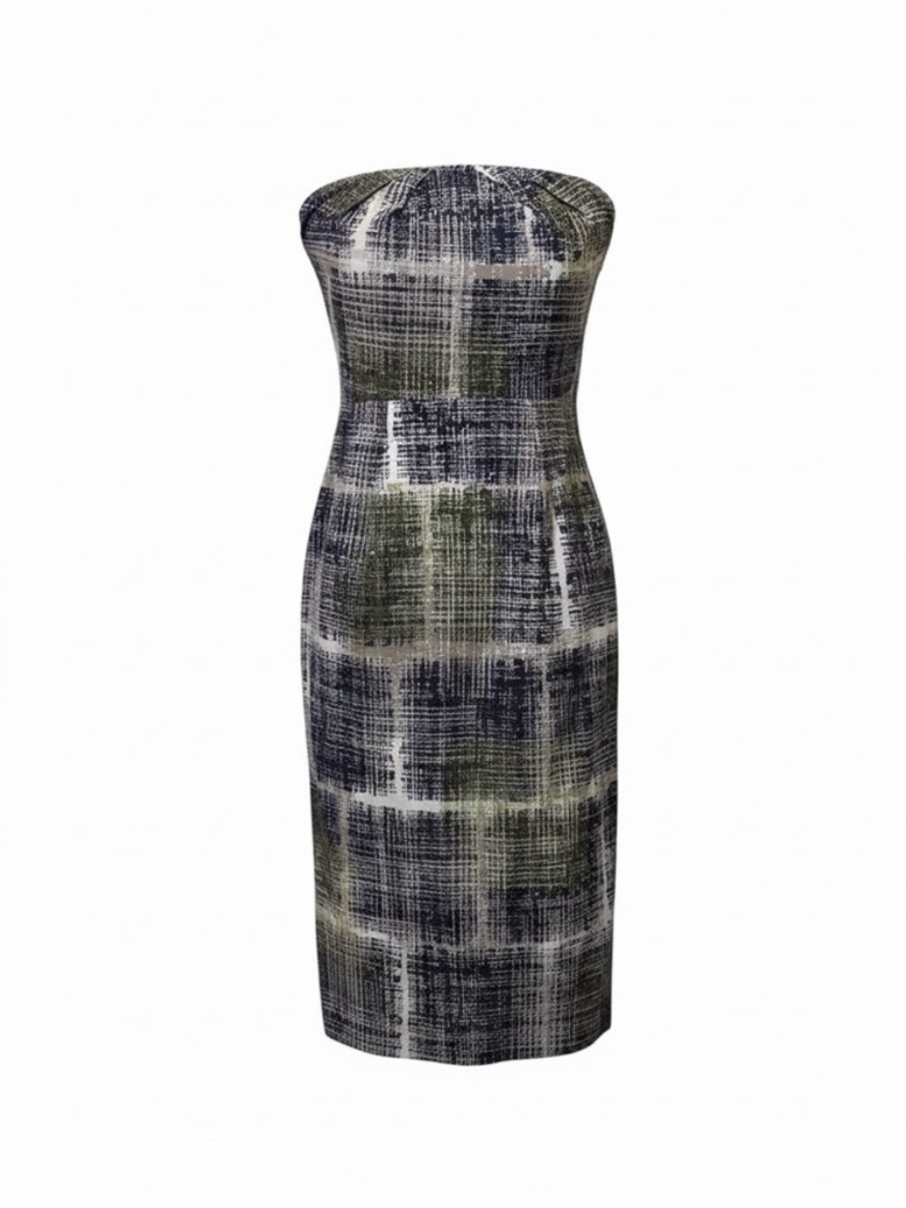 Edme & Esyllte Strapless Plaid Sheath Dress in Olive and Navy / size 2